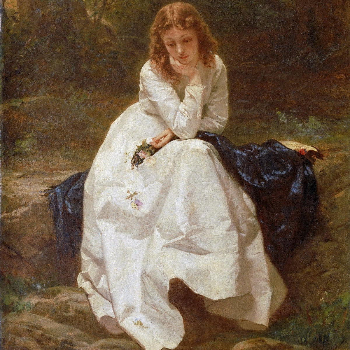 People Oil Painting - Young Woman in White Dress by Stream - Oil Painting Haven