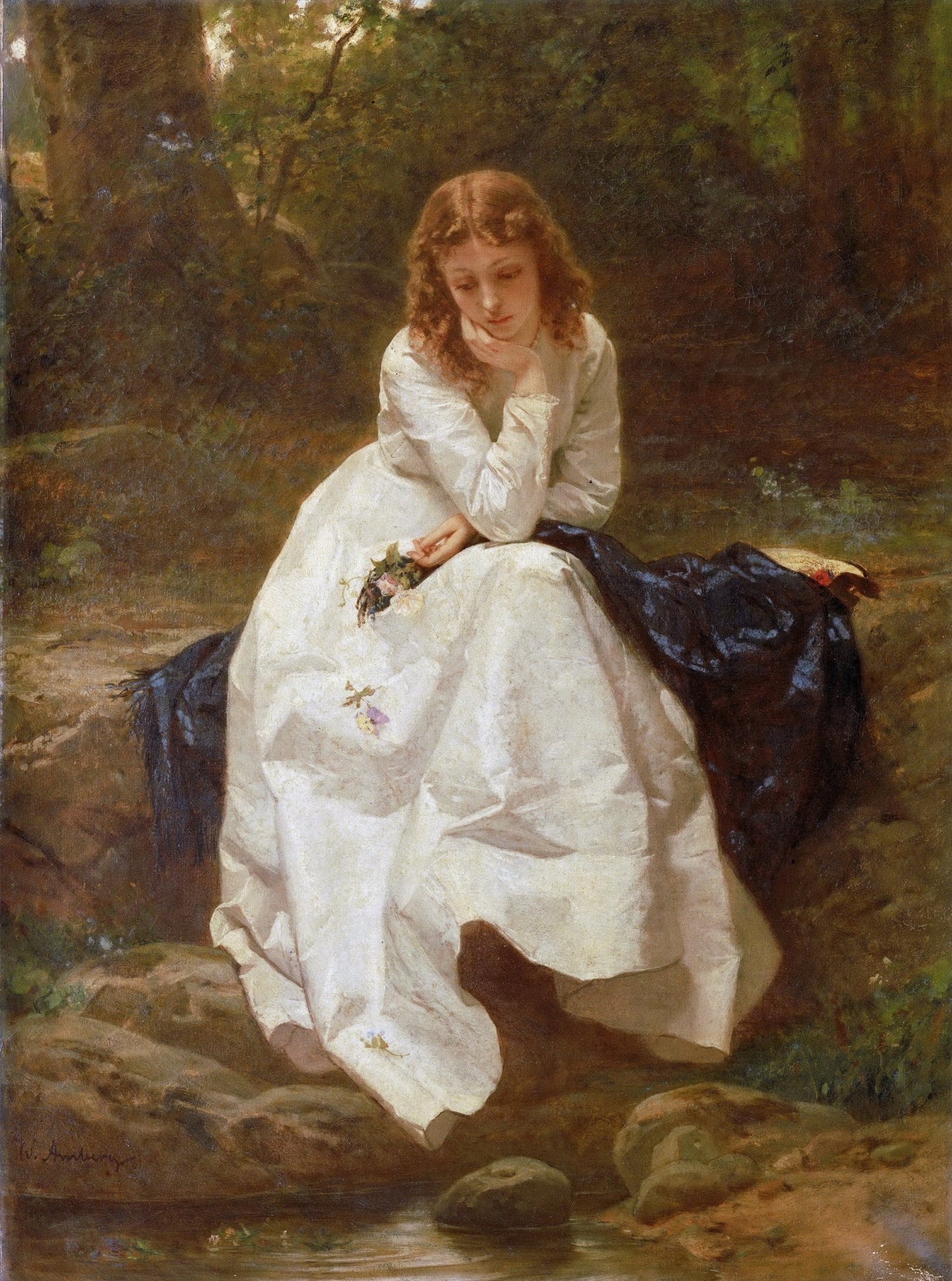 People Oil Painting - Young Woman in White Dress by Stream - Oil Painting Haven