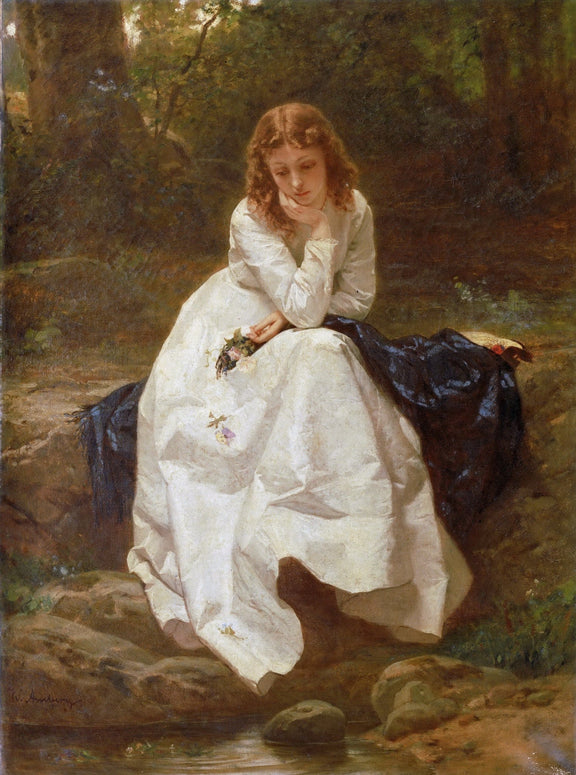 People Oil Painting - Young Woman in White Dress by Stream - Oil Painting Haven