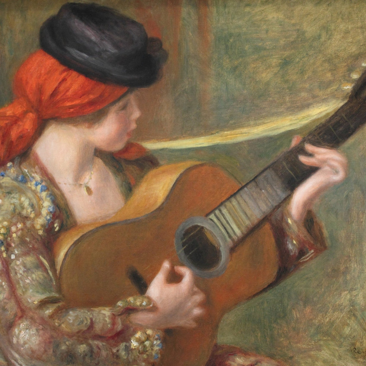 People Oil Painting - Young Woman Playing Guitar Portrait - Oil Painting Haven