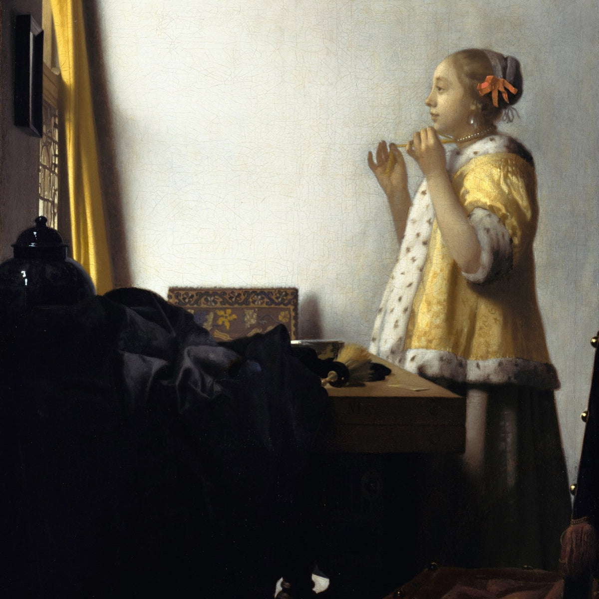 People Oil Painting - Young Woman with Pearl Necklace Indoors - Oil Painting Haven