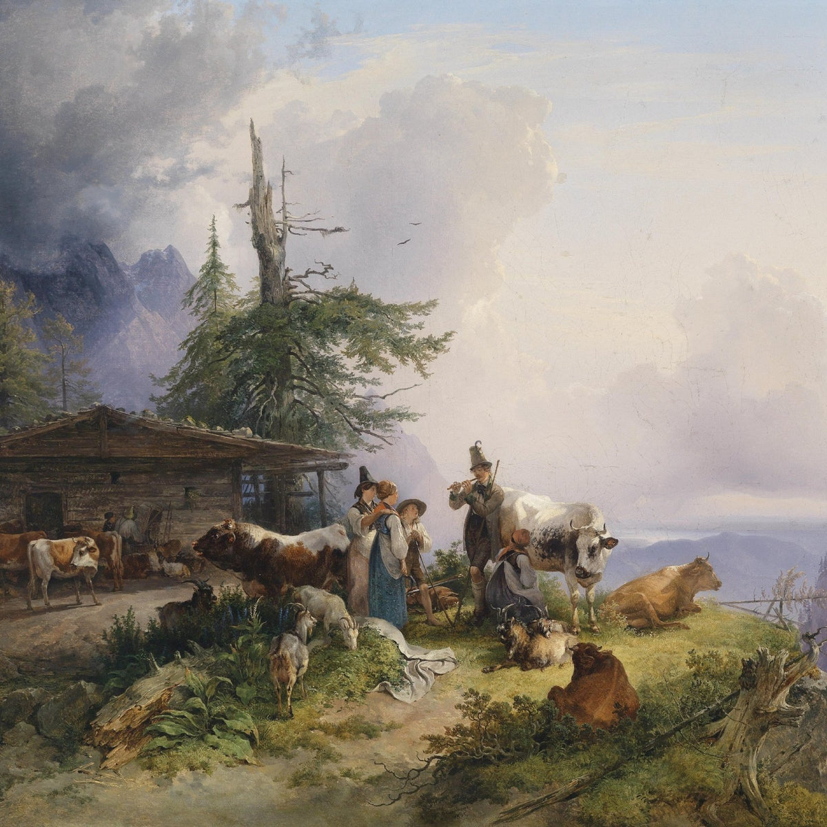 People Oil Paintings - Alpine Shepherds with Cattle and Flute