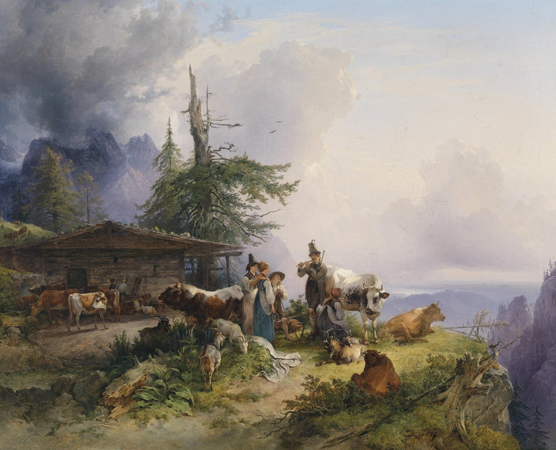 People Oil Paintings - Alpine Shepherds with Cattle and Flute