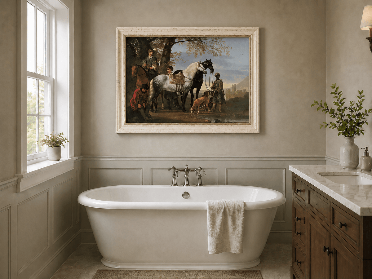 Peinture à l'huile de paysage - Homme à dos d'âne, femme, chien et champ rural
