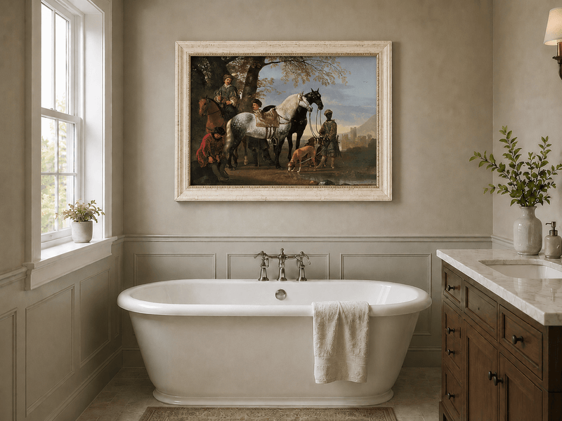 Peinture à l'huile de paysage - Homme à dos d'âne, femme, chien et champ rural