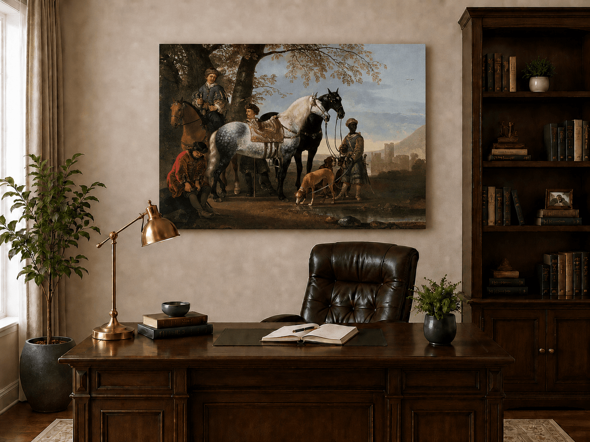 Peinture à l'huile de paysage - Homme à dos d'âne, femme, chien et champ rural