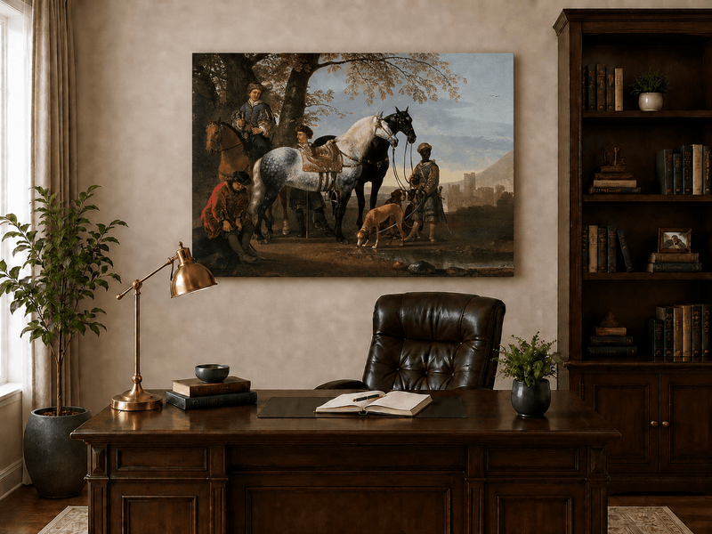 Peinture à l'huile de paysage - Homme à dos d'âne, femme, chien et champ rural