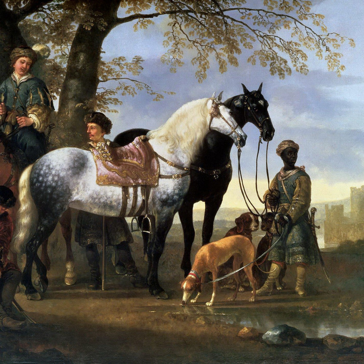 People Oil Paintings - Noble Riders and Horses Near a Castle
