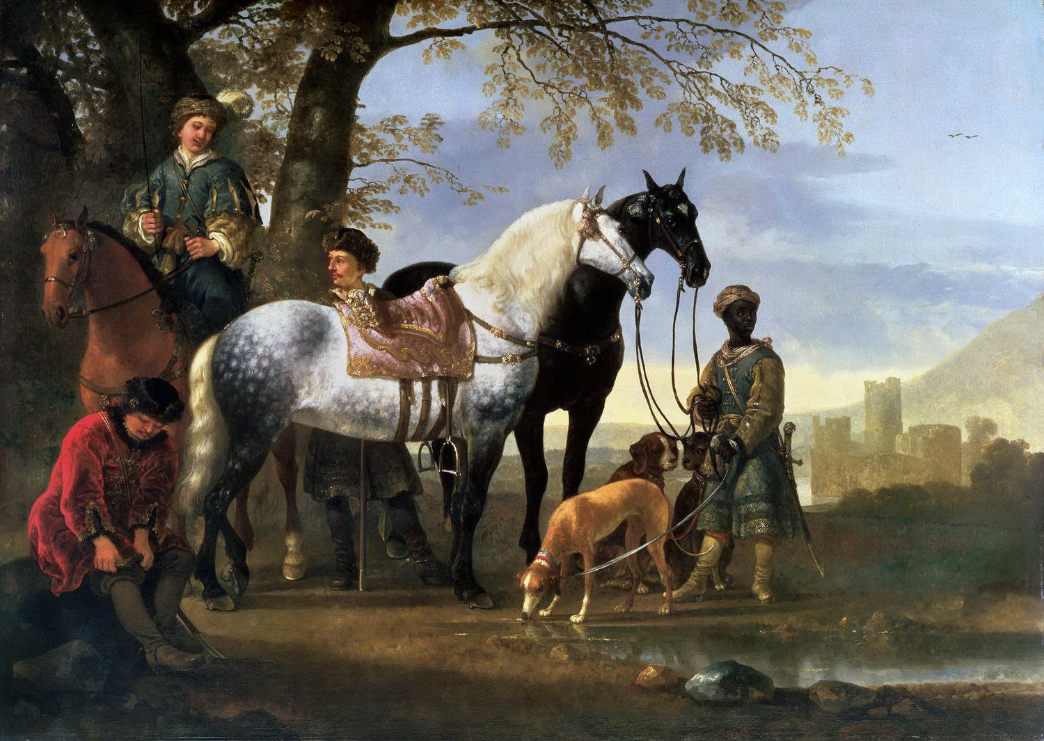 People Oil Paintings - Noble Riders and Horses Near a Castle