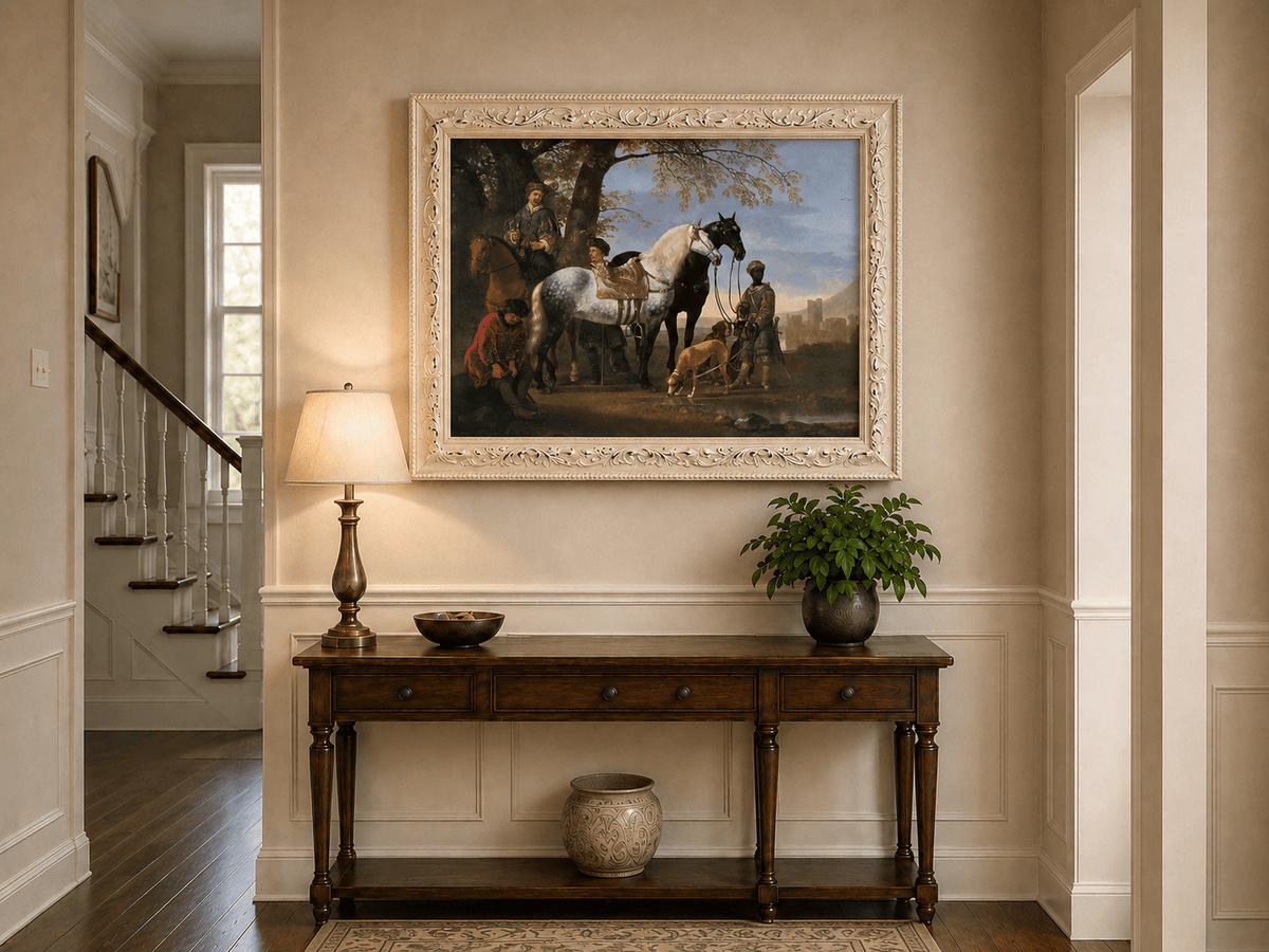 Peinture à l'huile de paysage - Homme à dos d'âne, femme, chien et champ rural