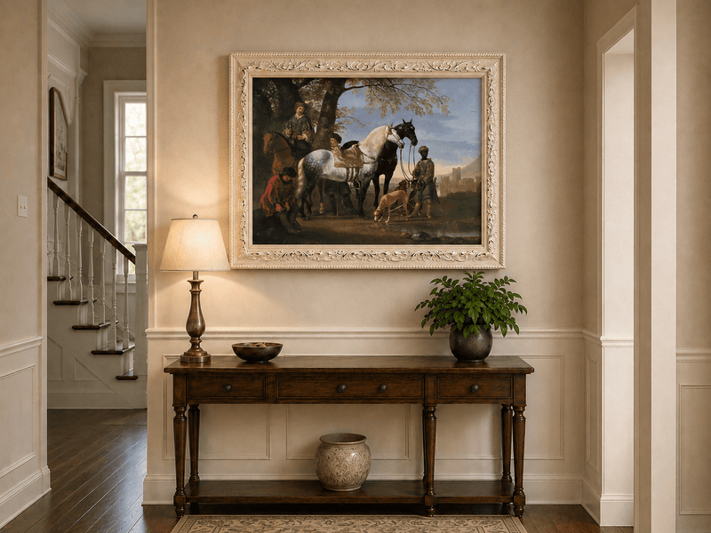 Peinture à l'huile de paysage - Homme à dos d'âne, femme, chien et champ rural