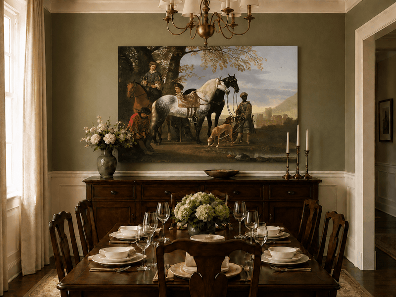 Peinture à l'huile de paysage - Homme à dos d'âne, femme, chien et champ rural