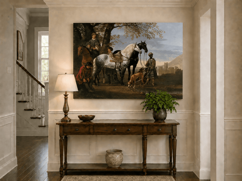 Peinture à l'huile de paysage - Homme à dos d'âne, femme, chien et champ rural
