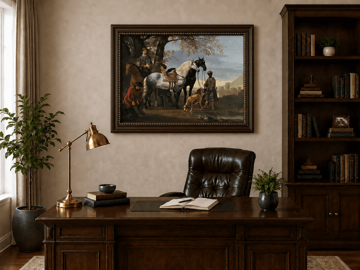 Peinture à l'huile de paysage - Homme à dos d'âne, femme, chien et champ rural