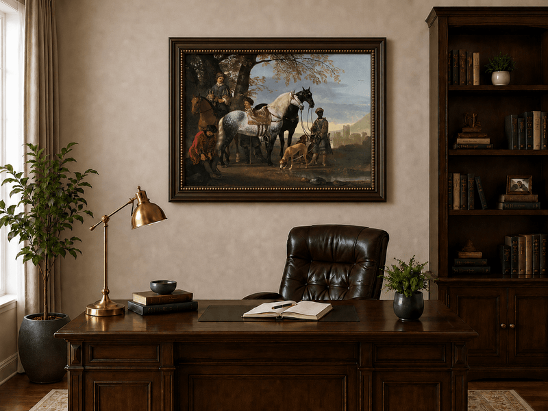 Peinture à l'huile de paysage - Homme à dos d'âne, femme, chien et champ rural