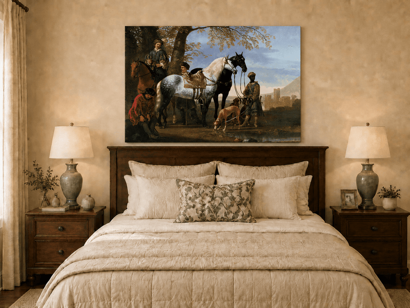 Peinture à l'huile de paysage - Homme à dos d'âne, femme, chien et champ rural