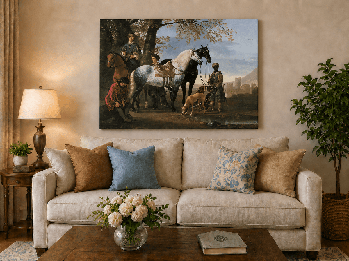 Peinture à l'huile de paysage - Homme à dos d'âne, femme, chien et champ rural