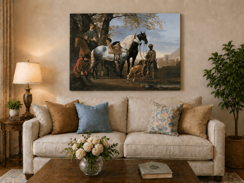 Peinture à l'huile de paysage - Homme à dos d'âne, femme, chien et champ rural