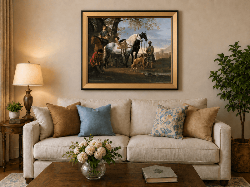 Peinture à l'huile de paysage - Homme à dos d'âne, femme, chien et champ rural