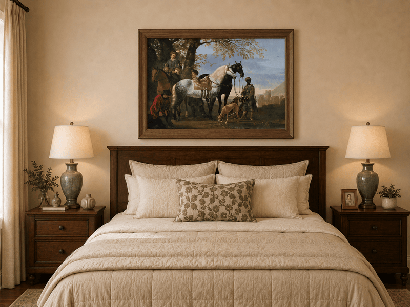 Peinture à l'huile de paysage - Homme à dos d'âne, femme, chien et champ rural