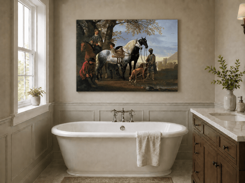 Peinture à l'huile de paysage - Homme à dos d'âne, femme, chien et champ rural