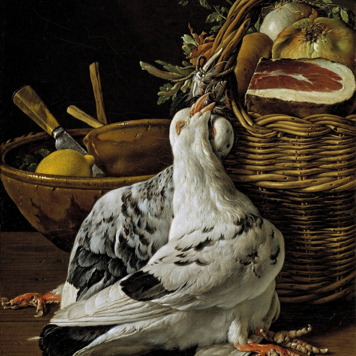 Pigeon, Basket and Kitchen Utensils - Still Life Oil Painting - Oil Painting Haven