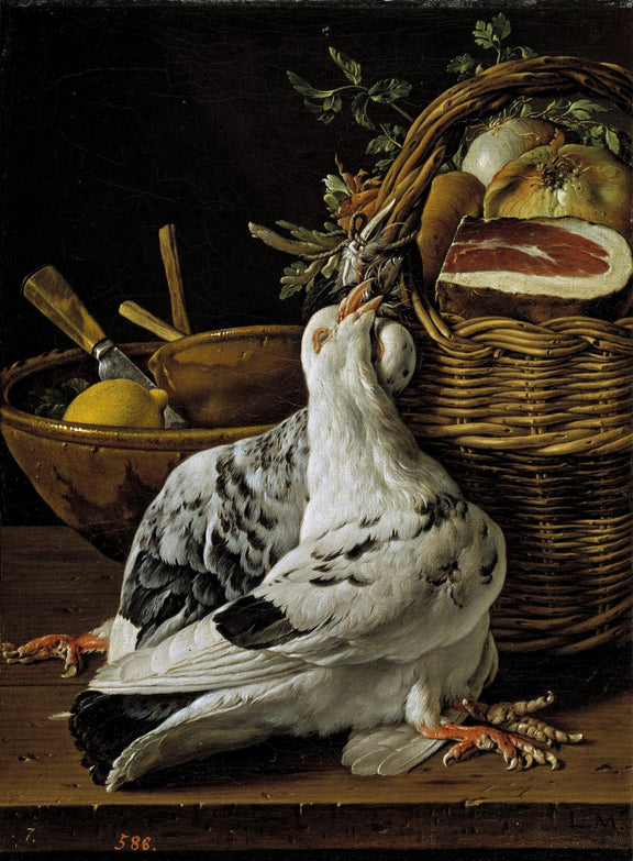 Pigeon, Basket and Kitchen Utensils - Still Life Oil Painting - Oil Painting Haven