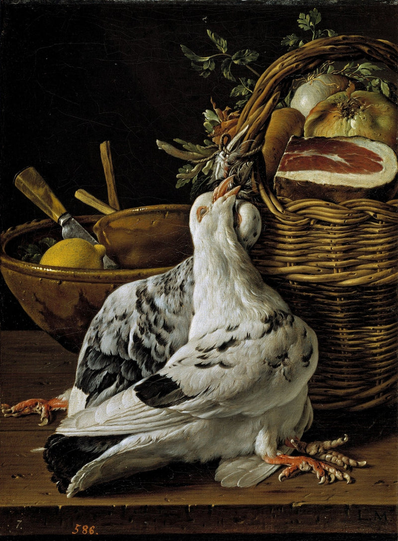 Pigeon, Basket and Kitchen Utensils - Still Life Oil Painting - Oil Painting Haven