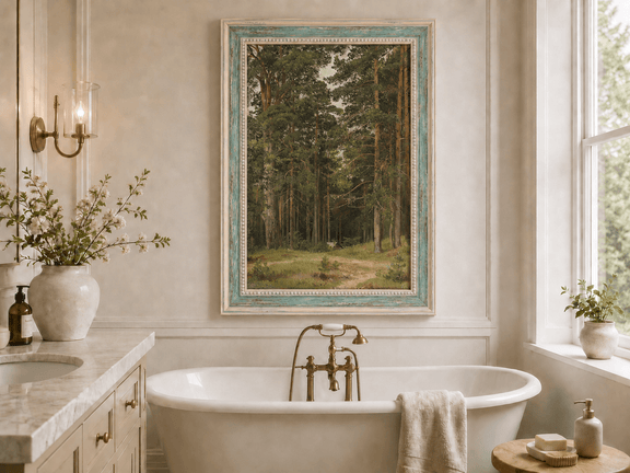 Framed hand-painted pine forest oil painting with a woodland path and secluded cabin displayed above a freestanding bathtub.