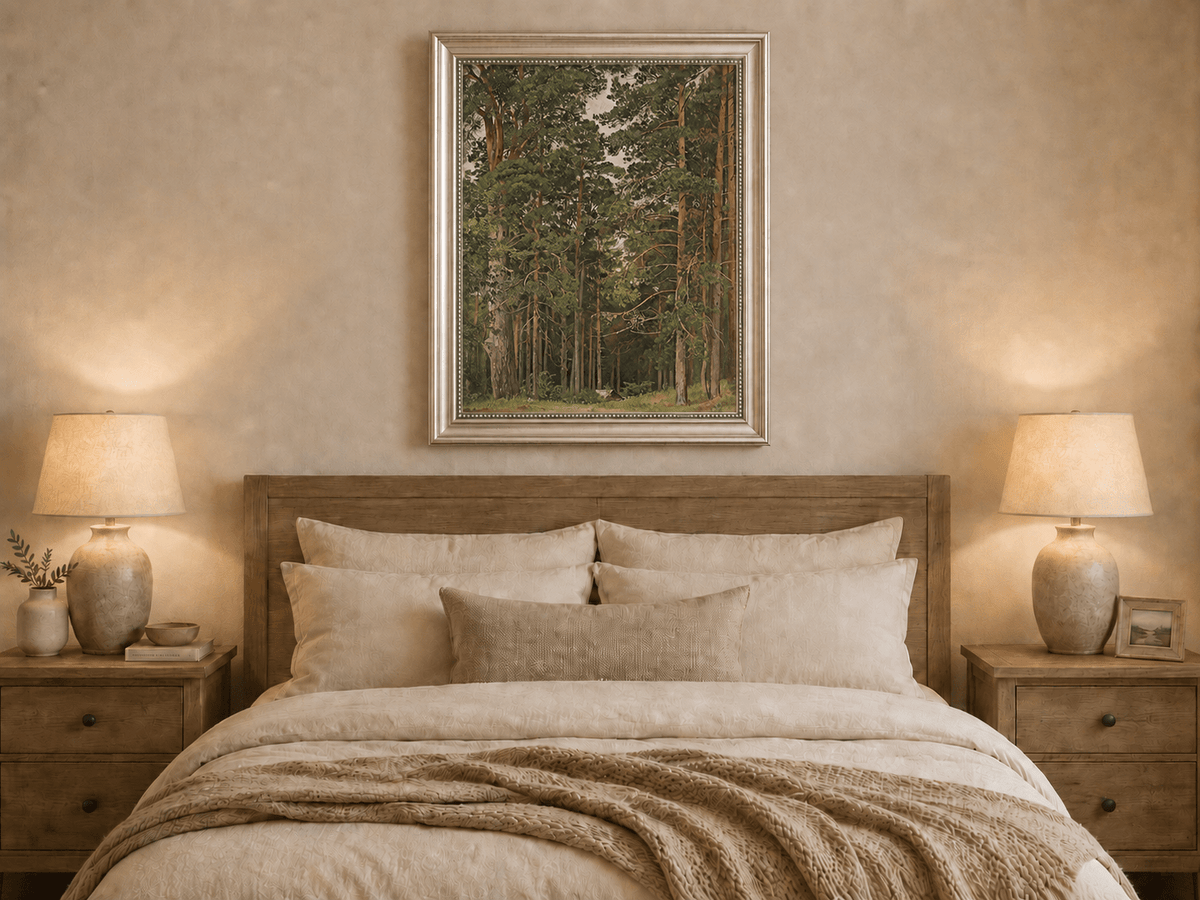 Framed hand-painted pine forest oil painting with a woodland path and secluded cabin displayed above a wooden bed in a neutral bedroom.