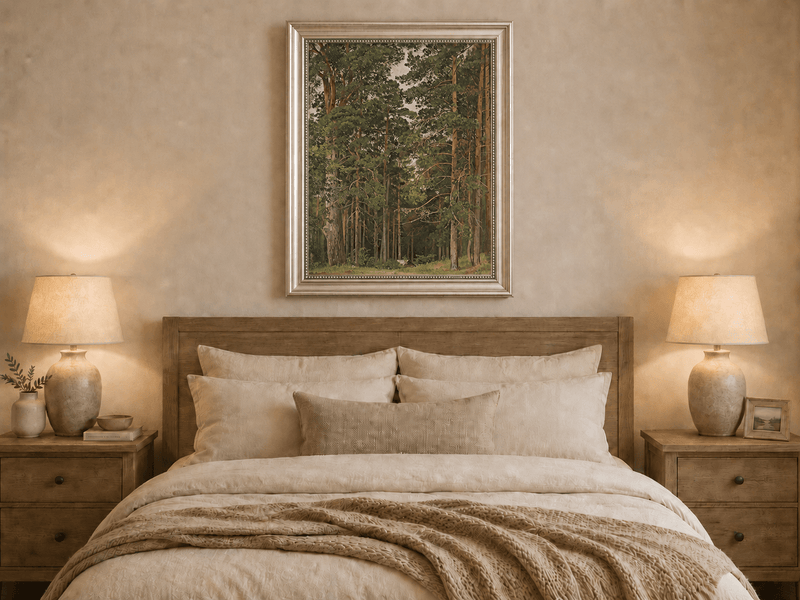 Framed hand-painted pine forest oil painting with a woodland path and secluded cabin displayed above a wooden bed in a neutral bedroom.