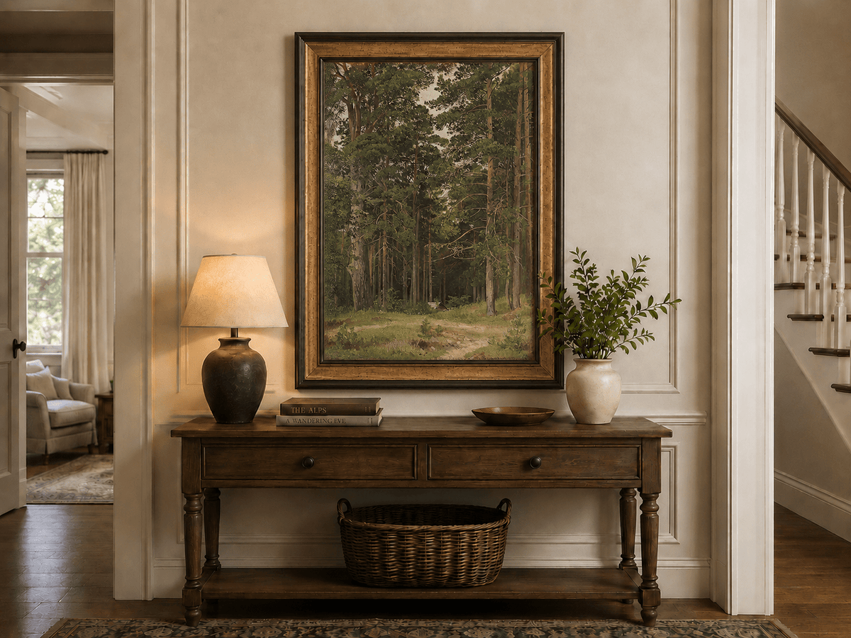 Framed hand-painted pine forest oil painting with a woodland path and secluded cabin displayed above an entryway console table.