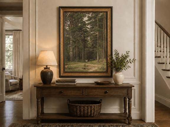 Framed hand-painted pine forest oil painting with a woodland path and secluded cabin displayed above an entryway console table.