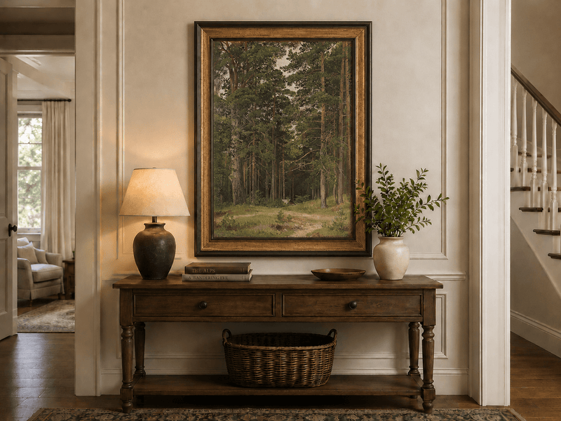 Framed hand-painted pine forest oil painting with a woodland path and secluded cabin displayed above an entryway console table.