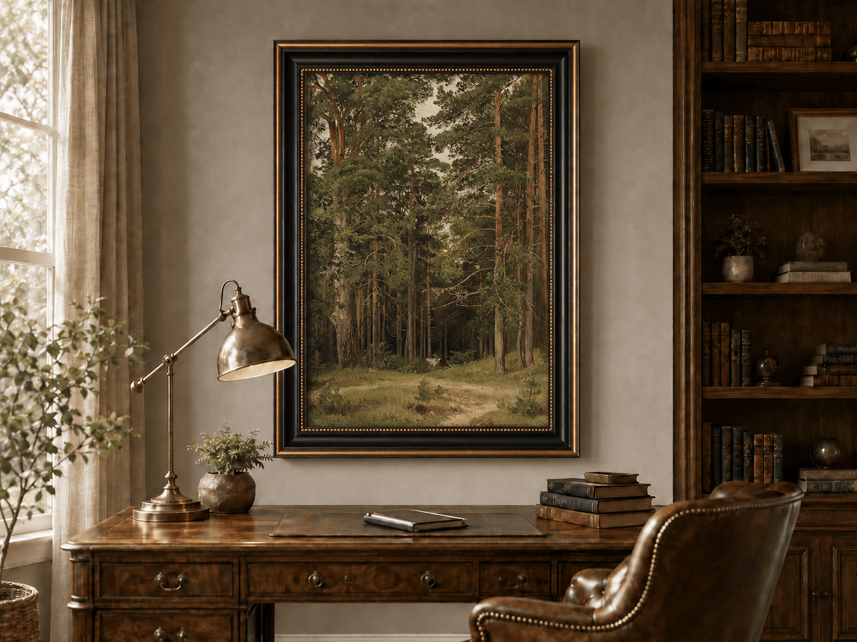 Framed hand-painted pine forest oil painting with a woodland path and secluded cabin displayed above a traditional home office desk.