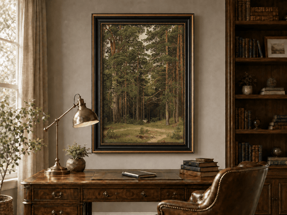 Framed hand-painted pine forest oil painting with a woodland path and secluded cabin displayed above a traditional home office desk.
