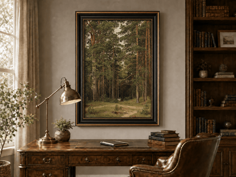 Framed hand-painted pine forest oil painting with a woodland path and secluded cabin displayed above a traditional home office desk.