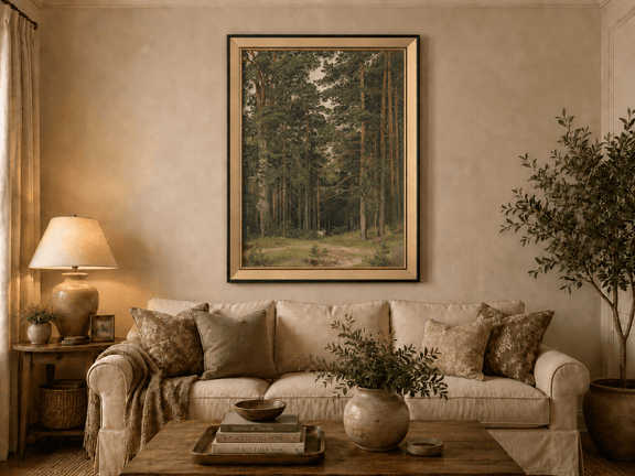 Framed hand-painted pine forest oil painting with a woodland path and secluded cabin displayed above a neutral living room sofa.