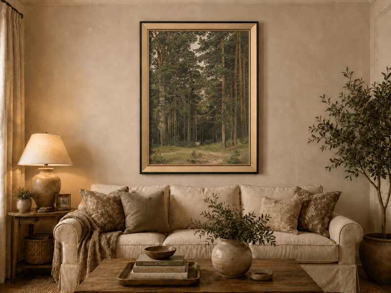 Framed hand-painted pine forest oil painting with a woodland path and secluded cabin displayed above a neutral living room sofa.