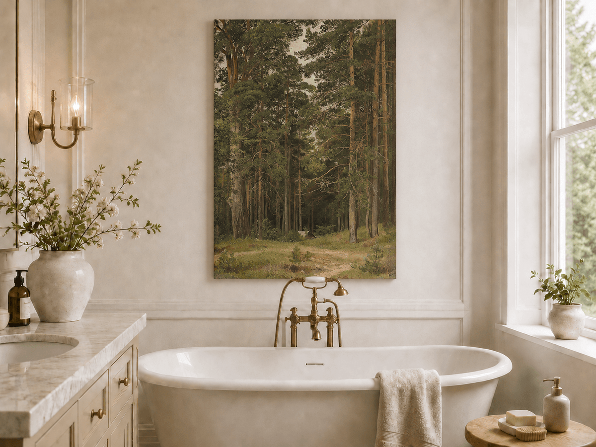 Unframed hand-painted pine forest oil painting with a woodland path and secluded cabin displayed above a freestanding bathtub.