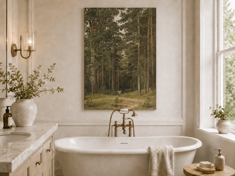 Unframed hand-painted pine forest oil painting with a woodland path and secluded cabin displayed above a freestanding bathtub.