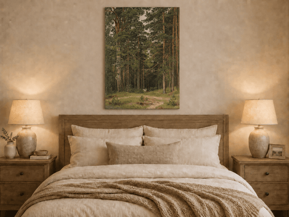 Unframed hand-painted pine forest oil painting with a woodland path and secluded cabin displayed above a wooden bed in a neutral bedroom.