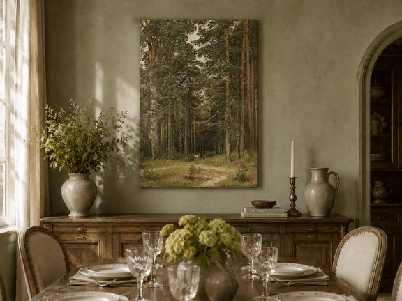 Unframed hand-painted pine forest oil painting with a woodland path and secluded cabin displayed above a formal dining table.