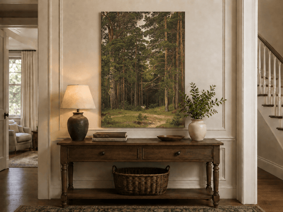 Unframed hand-painted pine forest oil painting with a woodland path and secluded cabin displayed above an entryway console table.