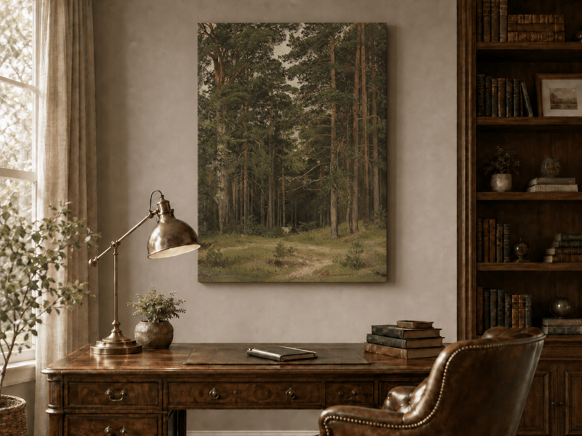 Unframed hand-painted pine forest oil painting with a woodland path and secluded cabin displayed above a traditional home office desk.