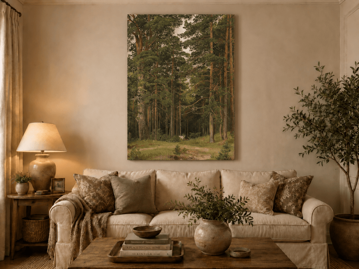 Unframed hand-painted pine forest oil painting with a woodland path and secluded cabin displayed above a neutral living room sofa.
