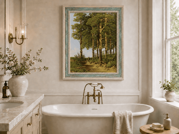 Framed hand-painted pine forest oil painting with a quiet stream displayed above a freestanding bathtub.
