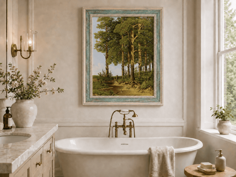 Framed hand-painted pine forest oil painting with a quiet stream displayed above a freestanding bathtub.
