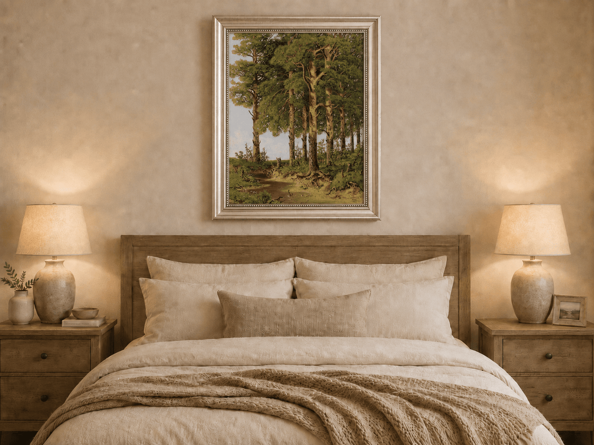 Framed hand-painted pine forest oil painting with a quiet stream displayed above a wooden bed in a neutral bedroom.