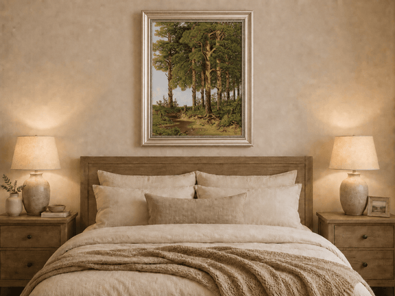 Framed hand-painted pine forest oil painting with a quiet stream displayed above a wooden bed in a neutral bedroom.